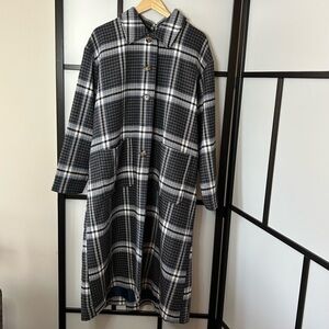[L/XL] NWT Mo.vint Blue & Grey Plaid Pea Coat Style Trench Length Winter Coat